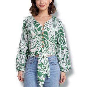 Maison d’Amélie Paris Green Tropical Linen Tie Front Blouse Small Vacation